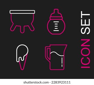 Set line Milk jug or pitcher, Ice cream in waffle cone, Baby milk bottle and Udder icon. Vector