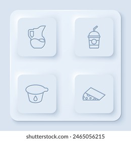 Set line Milk jug or pitcher, Milkshake, Yogurt container and Cheese. White square button. Vector