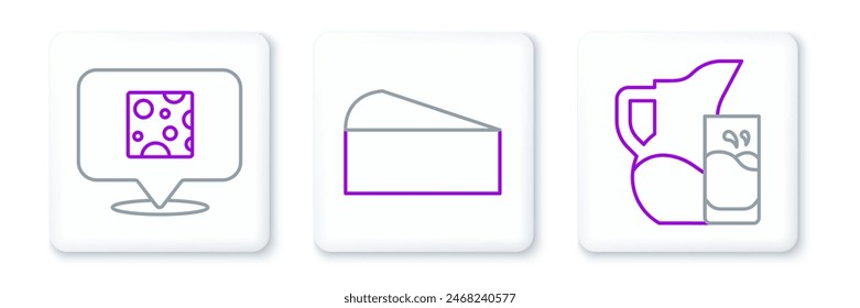 Set line Milk jug or pitcher and glass, Cheese and  icon. Vector