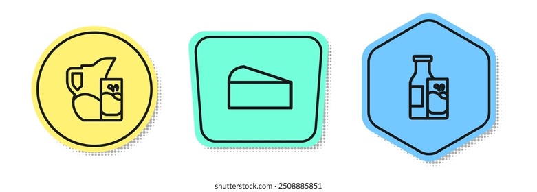 Linie Milchkrug oder Krug und Glas, Käse und Flaschenmilch. Farbige Formen. Vektorgrafik