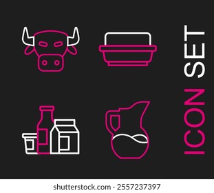 Set line Milk jug or pitcher, product, Butter in a butter dish and Cow head icon. Vector