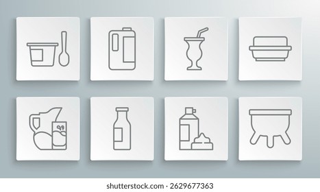 Set line Milk jug or pitcher and glass, in plastic bottle, Bottle with milk, Whipped cream, Udder, Milkshake, Butter butter dish and Yogurt container spoon icon. Vector