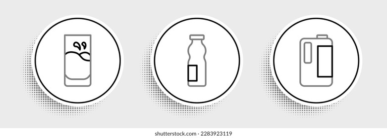 Set line Milk in plastic bottle, Glass with milk and Drinking yogurt icon. Vector