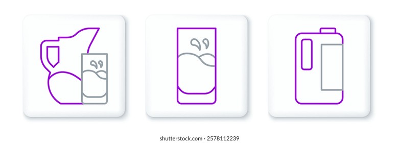 Set line Milk in plastic bottle, jug or pitcher and glass and Glass with milk icon. Vector