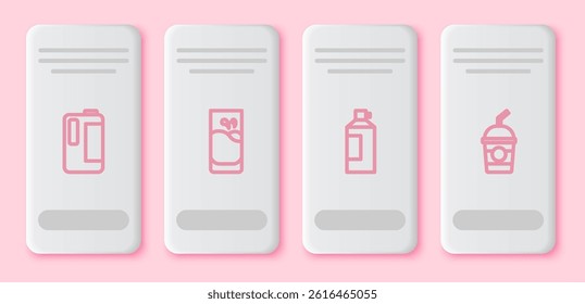Set line Milk in plastic bottle, Glass with milk, Whipped cream and Milkshake. White rectangle button. Vector