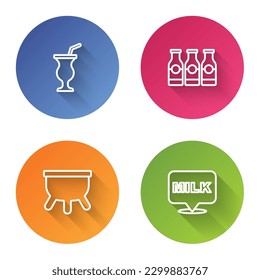 Set line Milkshake, Bottle with milk, Udder and Lettering. Color circle button. Vector