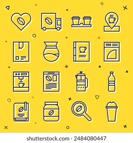 Set line Milkshake, Bottle of water, Coffee paper filter, cup to go, Pour over coffee maker, Bag beans, Lovers and book icon. Vector