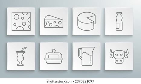 Set line Milkshake, Cheese, Butter in butter dish, jug or pitcher, Cow head, Drinking yogurt bottle and  icon. Vector