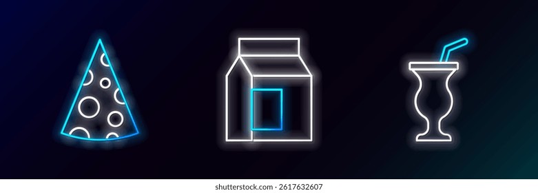 Set line Milkshake, Cheese and Paper package for milk icon. Glowing neon. Vector