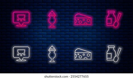 Set line Milkshake, Cheese, Udder and Drinking yogurt in bottle. Glowing neon icon on brick wall. Vector