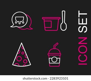 Set line Milkshake, Cheese, Yogurt container with spoon and Udder icon. Vector