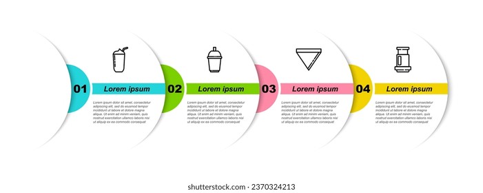 Set line Milkshake, Coffee cup to go, paper filter and Aeropress coffee. Business infographic template. Vector