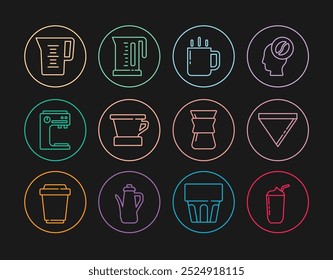 Set line Milkshake, Coffee paper filter, cup, V60 coffee maker, machine, Jug glass with water, Pour over and Electric kettle icon. Vector