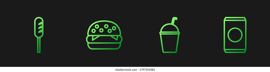 Set line Milkshake, Fried sausage, Burger and Soda can with straw. Gradient color icons. Vector