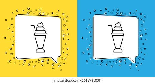 Set line Milkshake icon isolated on yellow and blue background. Plastic cup with lid and straw.  Vector