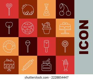 Fija la línea Milkshake, Lollipop, Cake en el plato, Candy, Cookie o bizcocho, y Ice crema en el bol icono. Vector