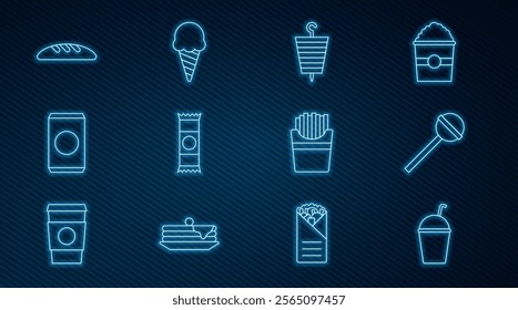 Set line Milkshake, Lollipop, Grilled shish kebab, Chocolate bar, Soda can with straw, Bread loaf, Potatoes french fries in box and Ice cream waffle cone icon. Vector