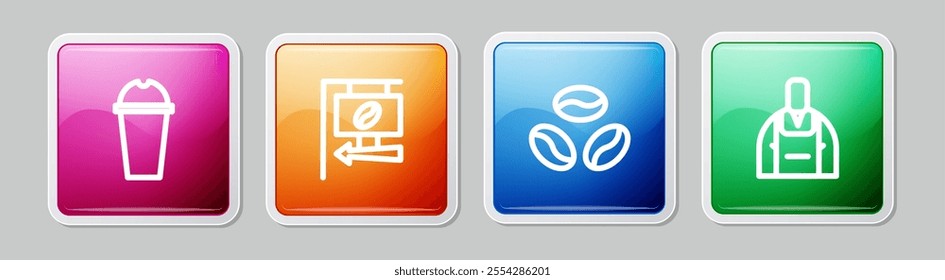 Set line Milkshake, Street signboard coffee, Coffee beans and Barista. Colorful square button. Vector