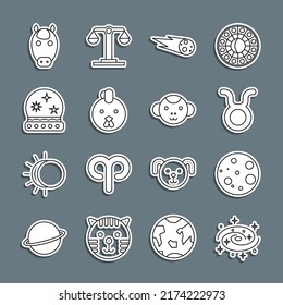 Set line Milky way spiral galaxy, Moon, Taurus zodiac, Comet falling down fast, Rooster, Magic ball, Horse and Monkey icon. Vector