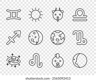 Set line Milky way spiral galaxy, Eclipse of the sun, Aries zodiac, Leo, Gemini, Rooster and Capricorn icon. Vector