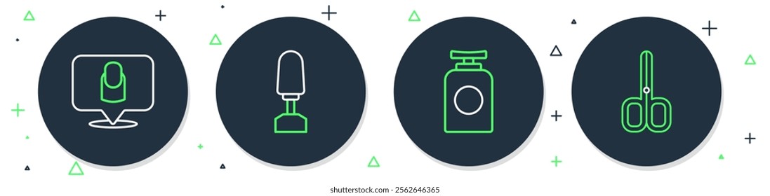 Set line Milling cutter for manicure, Tube of hand cream, Manicure and Nail scissors icon. Vector