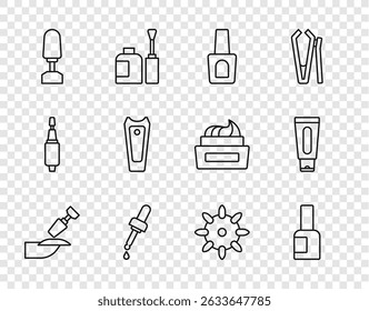 Set line Milling cutter for manicure, Bottle of nail polish, Pipette with oil, Nail, False nails and Tube hand cream icon. Vector
