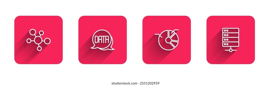 Set line Mind map infographic, Data analysis, Pie chart and Server with long shadow. Red square button. Vector