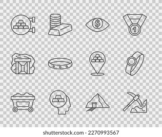 Set line Mine cart with gold, Gold mining, Eye dollar, bars, Jewelry store, ring, mine and  icon. Vector