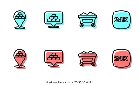 Set line Mine cart with gold, Gold bars,  and 24k icon. Vector