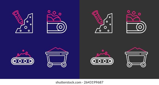 Set line Mine coal trolley, Conveyor belt carrying,  and Construction jackhammer icon. Vector