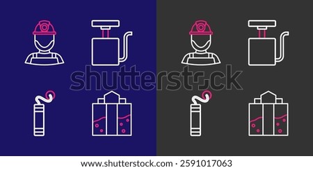 Set line Mine entrance, Dynamite, Handle detonator and Miner helmet icon. Vector