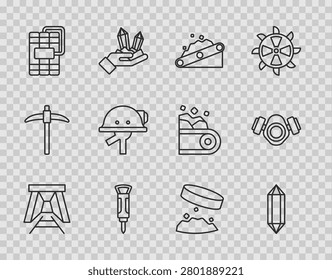 Set line Mine entrance, Gem stone, Conveyor belt carrying coal, Construction jackhammer, Dynamite, Miner helmet, Giant magnet holding iron dust and Gas mask icon. Vector