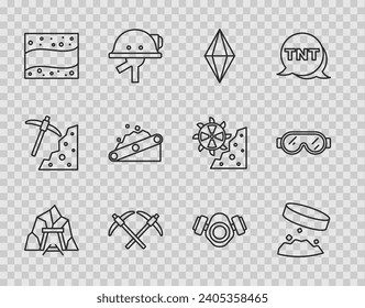 Set line Mine entrance, Giant magnet holding iron dust, Gem stone, Pickaxe, Gold mine, Conveyor belt carrying coal, Gas mask and Safety goggle glasses icon. Vector