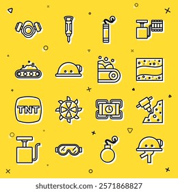 Set line Miner helmet, Construction jackhammer, Gold mine, Dynamite, Conveyor belt carrying coal, Gas mask and  icon. Vector