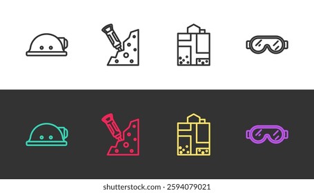 Set line Miner helmet, Construction jackhammer, entrance and Safety goggle glasses on black and white. Vector