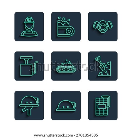 Set line Miner helmet, Dynamite, Gas mask, Conveyor belt carrying coal, Handle detonator,  and Shovel stone icon. Vector