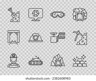 Set line Miner in a helmet, Gold bars, Safety goggle glasses, Conveyor belt carrying coal, Shovel and stone, entrance and Pickaxe icon. Vector