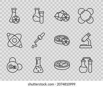 Set line Mineral Ca Calcium, Test tube, Radioactive, with toxic liquid, Pipette, Petri dish bacteria and Microscope icon. Vector