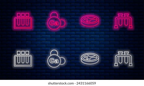 Set line Mineral Ca Calcium, Petri dish with bacteria, Test tube and . Glowing neon icon on brick wall. Vector