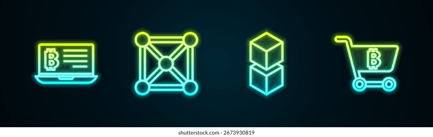 Set line Mining bitcoin from laptop, Blockchain technology,  and Shopping cart with. Glowing neon icon. Vector