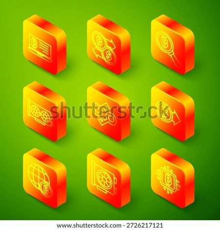 Set line Mining bitcoin from laptop, Cryptocurrency exchange, Magnifying glass with Bitcoin, Video graphic card, key, Globe and  icon. Vector