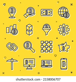 Set line Mining bitcoin from mobile, Piggy bank, Cryptocurrency Bitcoin, Blockchain technology, Pie chart infographic,  and Sales funnel with icon. Vector