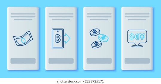 Ajuste la línea de bitcoin de la minería desde el móvil, Dinero de la moneda con dólar, Pilas de papel en efectivo e icono de cambio de divisas. Vector