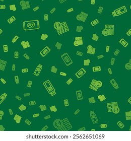 Set line Mining bitcoin from mobile, USB flash drive and Server on seamless pattern. Vector