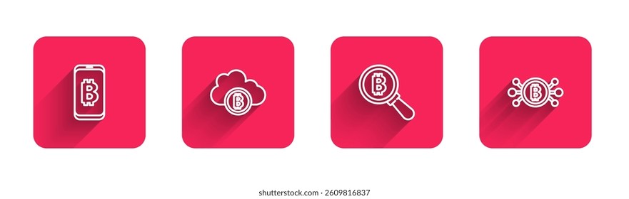 Set line Mining bitcoin from mobile, Cryptocurrency cloud mining, Magnifying glass with Bitcoin and circuit with long shadow. Red square button. Vector