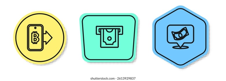 Set line Mining bitcoin from mobile, ATM and money and Stacks paper cash. Colored shapes. Vector