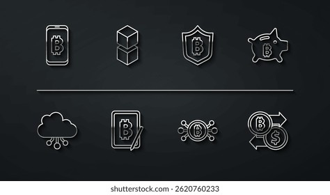 Set line Mining bitcoin from mobile, Cryptocurrency cloud mining, Piggy bank, Bitcoin circuit, tablet, Blockchain technology, exchange and Shield with icon. Vector