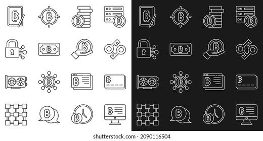 Set line Mining bitcoin from monitor, Credit card with, Cryptocurrency key, Bitcoin, Lock, tablet and Hand holding icon. Vector