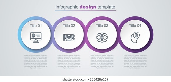 Set line Mining bitcoin from monitor, Video graphic card, Cryptocurrency Bitcoin and think. Business infographic template. Vector