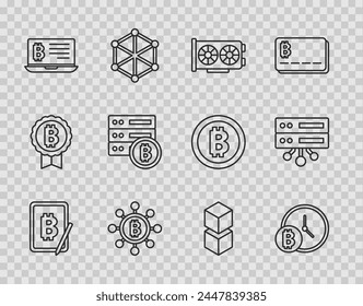 Set line Mining bitcoin from tablet, Bitcoin with clock, Video graphic card, Blockchain technology, laptop, Server,  and  icon. Vector